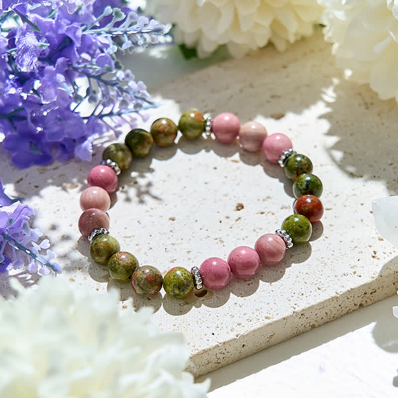 Evolvegem "Meadow Blossom" Natural Rhodonite Unakite Bracelet