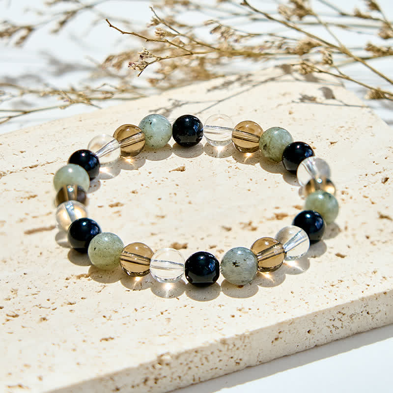 Evolvegem "Onyx Oasis" Clear Crystal Labradorite Obsidian Smoky Quartz Bracelet
