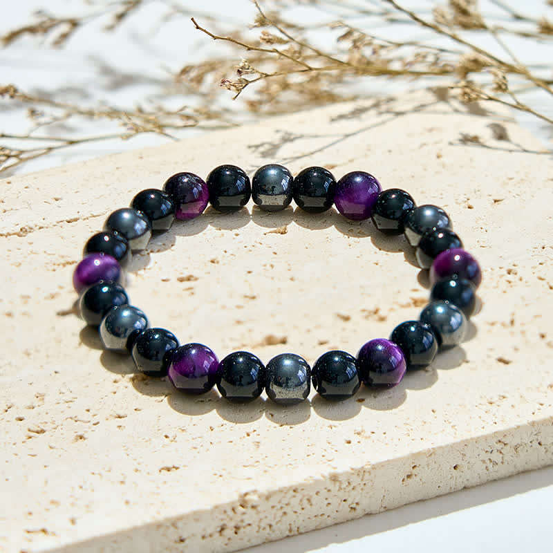 Evolvegem "Velvet Eclipse" Purple Tiger Eye Obsidian Hematite Bracelet