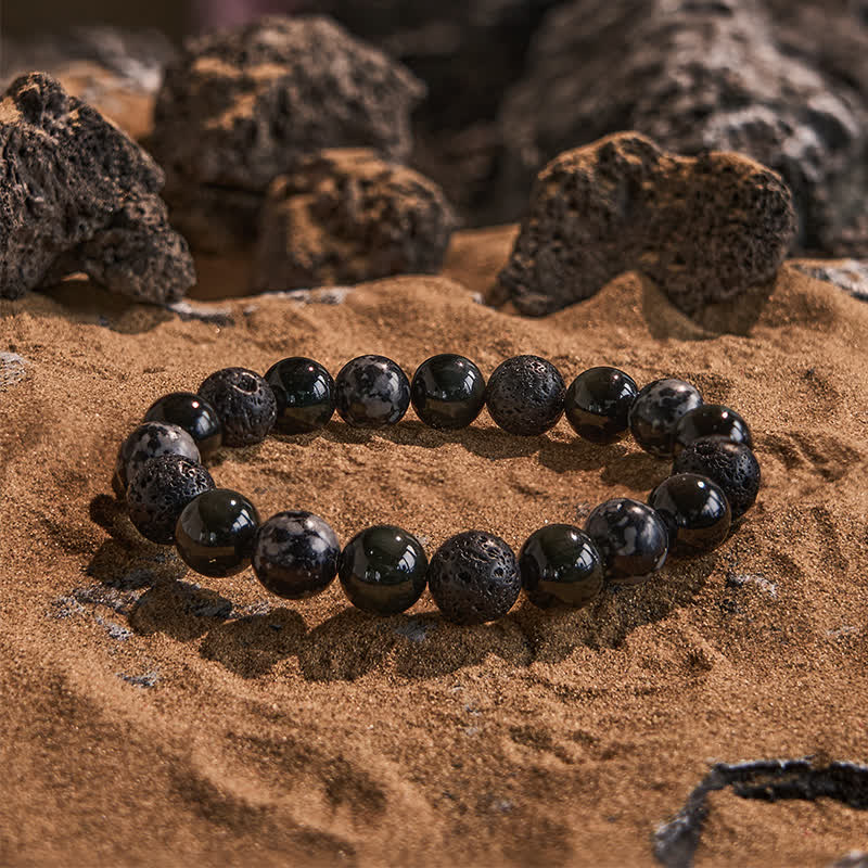 Evolvegem "Ashen Phantom" Snowflake Obsidian Lava Stone Bracelet