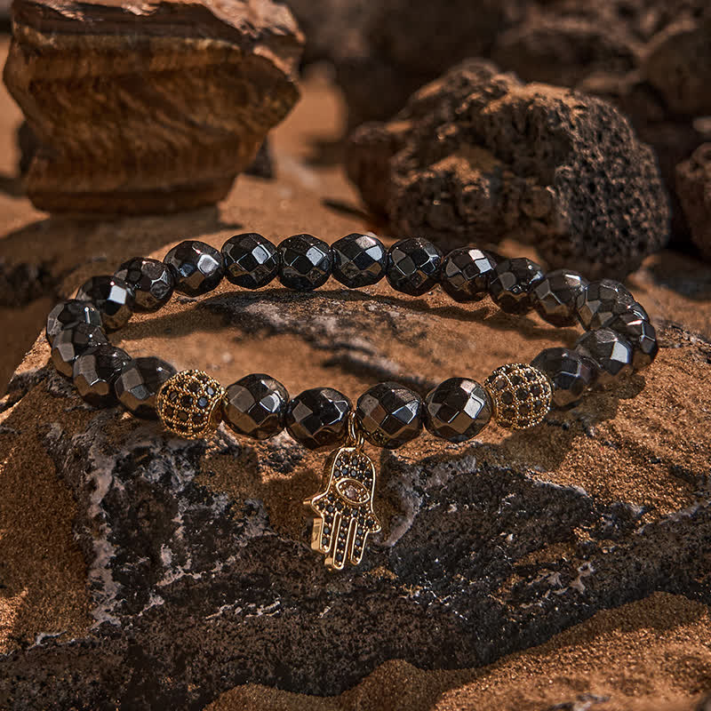 Evolvegem "HamsaIron Veil" Facted Hematite Hamsa Charm Bracelet
