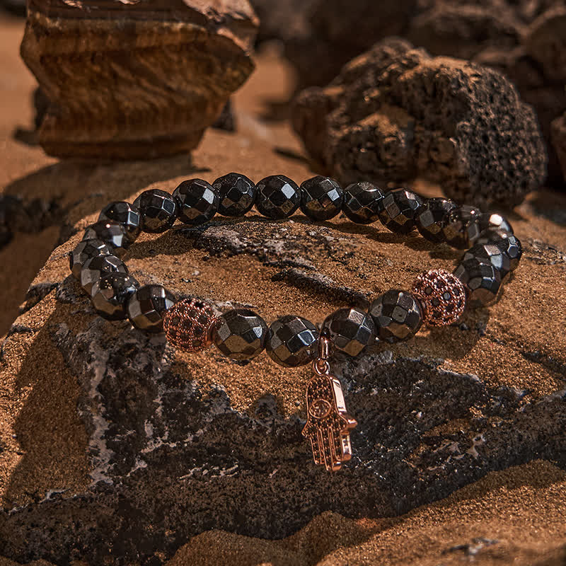 Evolvegem "HamsaIron Veil" Facted Hematite Hamsa Charm Bracelet