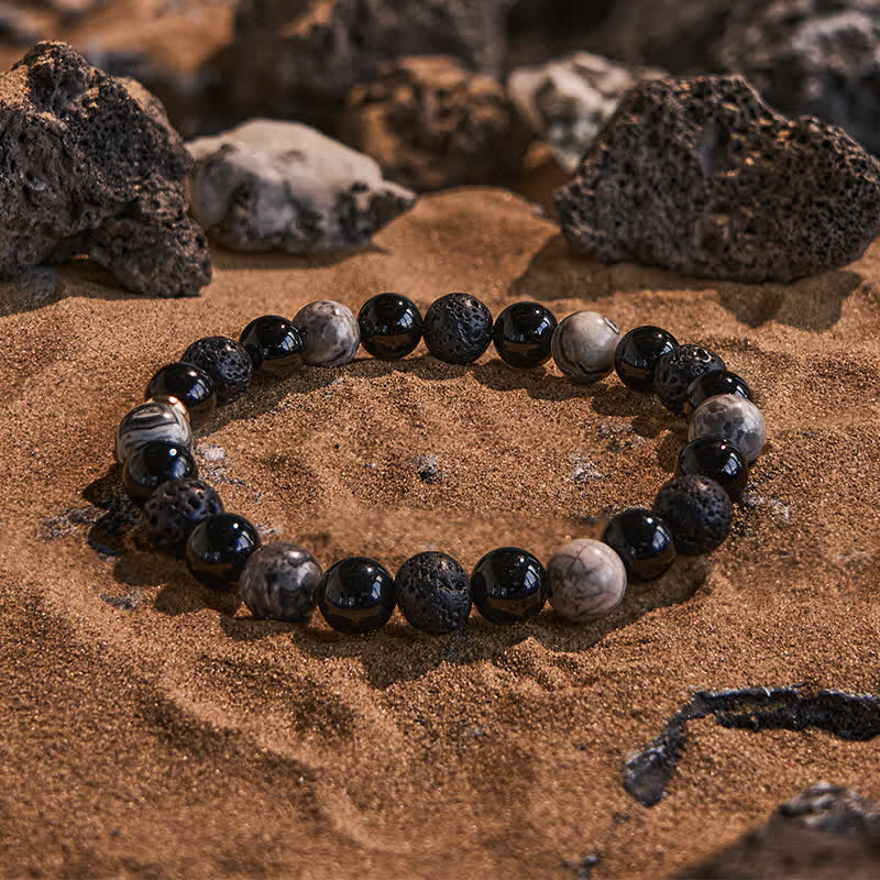 Evolvegem "Nightfall Ember" Grey Jasper Obsidian Lava Stone Bracelet