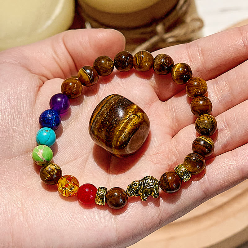 Evolvegem "Golden Fortune" Chakra Tiger Eye Elephant Pendant Bracelet