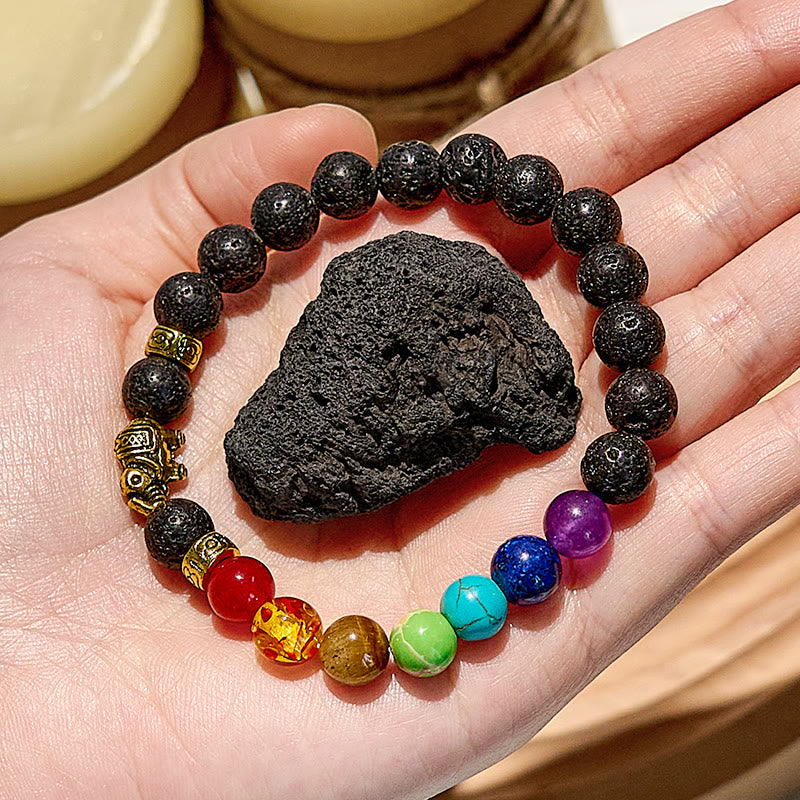 Evolvegem "Rainbow Blaze" Lava Stone Chakra Elephant Charm Bracelet