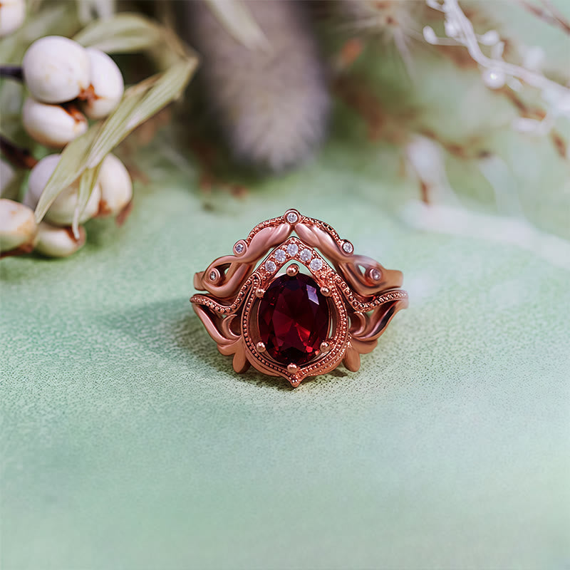 Evolvegem "Enchanted Elegance" 2Pcs Garnet Opal Zircon Carved Ring