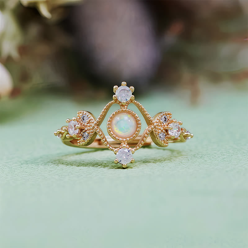 Evolvegem "Moonlit Oracle" Opal White Zircon Hollow Leaf Ring