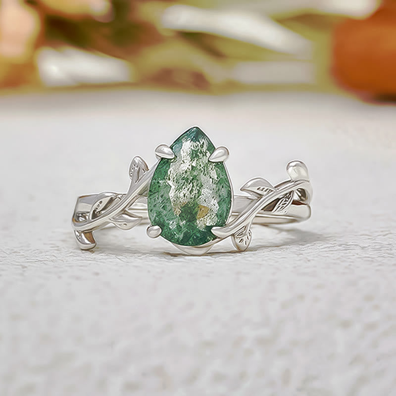 Evolvegem "Verdant Embrace" Teardrop Shaped Moss Agate Ring