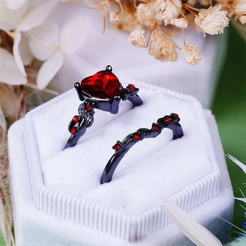 Evolvegem "Ruby Canopy Heart" 2Pcs Ruby Quartz Black Ring Set