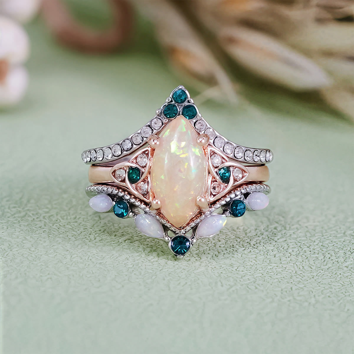 Evolvegem "Aqua Lumenis" 3Pcs Opal Emerald Ring Set