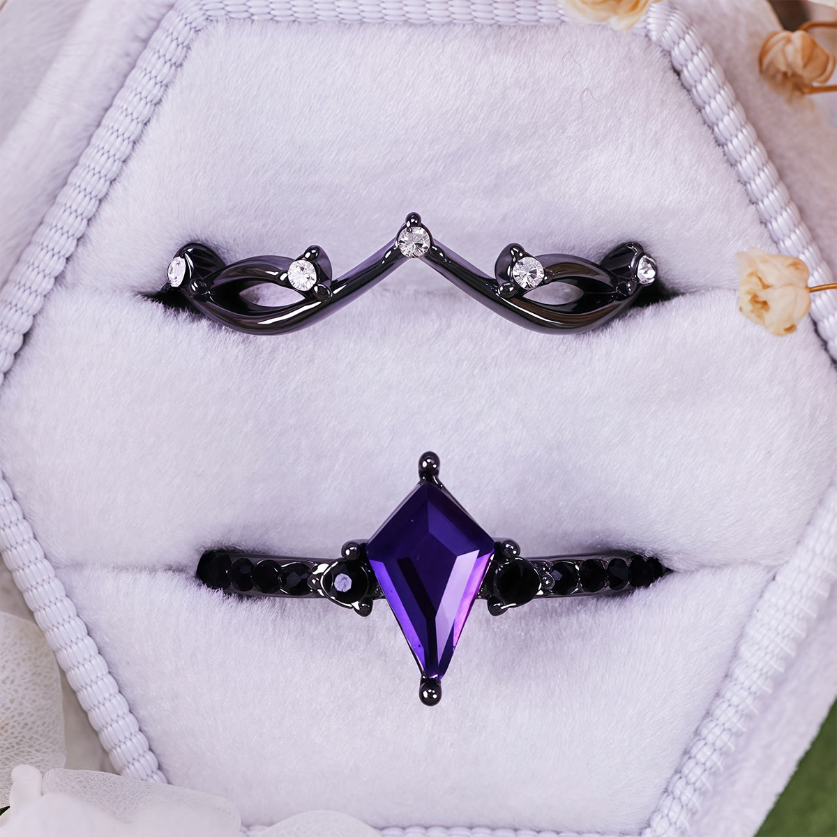 Evolvegem "Amethyst Nocturne"  2Pcs Black Amethyst Ring Set