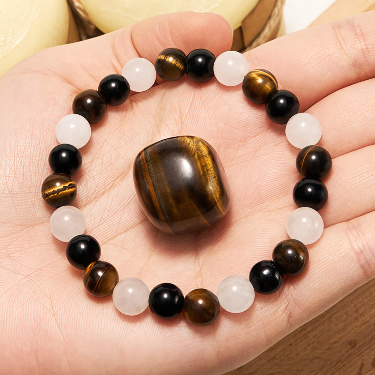 Evolvegem "Mocha Whisper" Tiger Eye Obsidian Clear Crystal Bracelet
