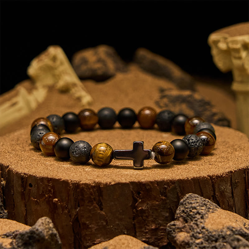 Evolvegem "Terra Cross" Tiger Eye Lava Stone Gemstone Bracelet