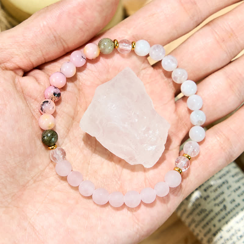 Evolvegem "Petale Veil" White Jade Pink Opal Rose Quartz Bracelet